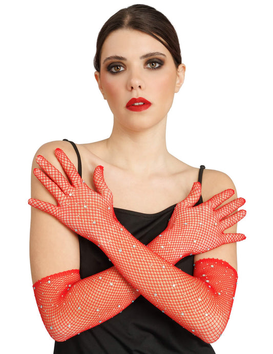 Rode netmousseline handschoenen met strass volwassenen