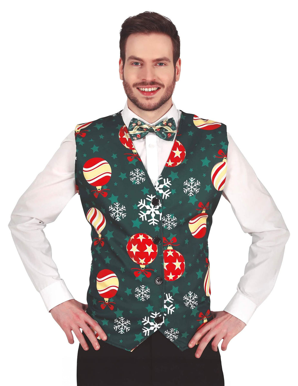 Gilet à motifs flocons et boules de Noël pour adulte vert avec nœud papillon assorti
