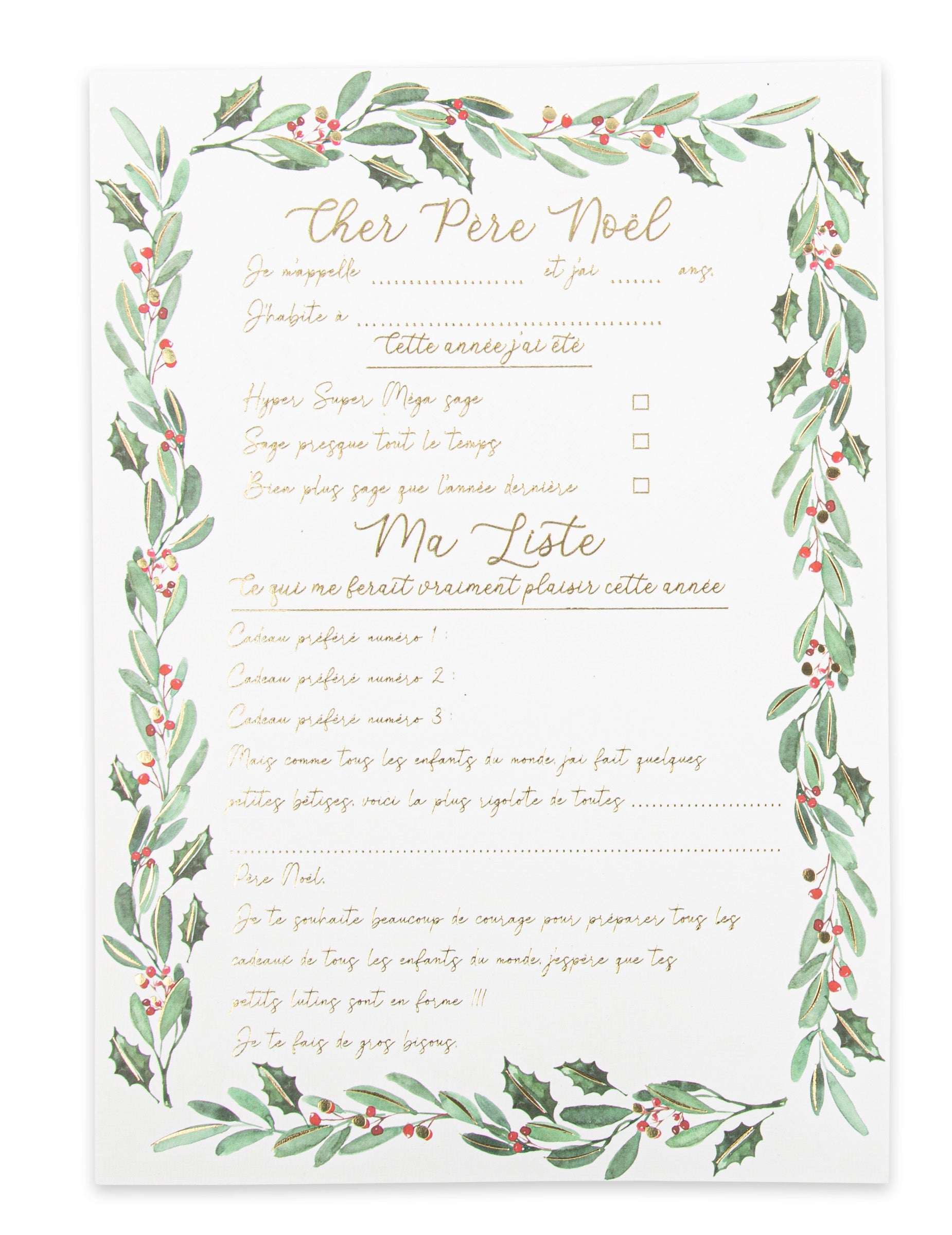 Lettre au Père Noël thème floral pour enfant blanc avec bordure de houx et écritures dorées