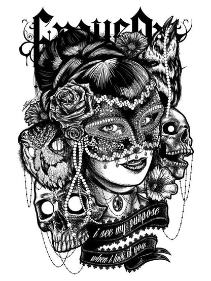 Détail de l'illustration du débardeur à motif masque gothique
