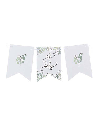 Gros plan sur les fanions de la guirlande de fanions Oh Baby végétal pour baby shower