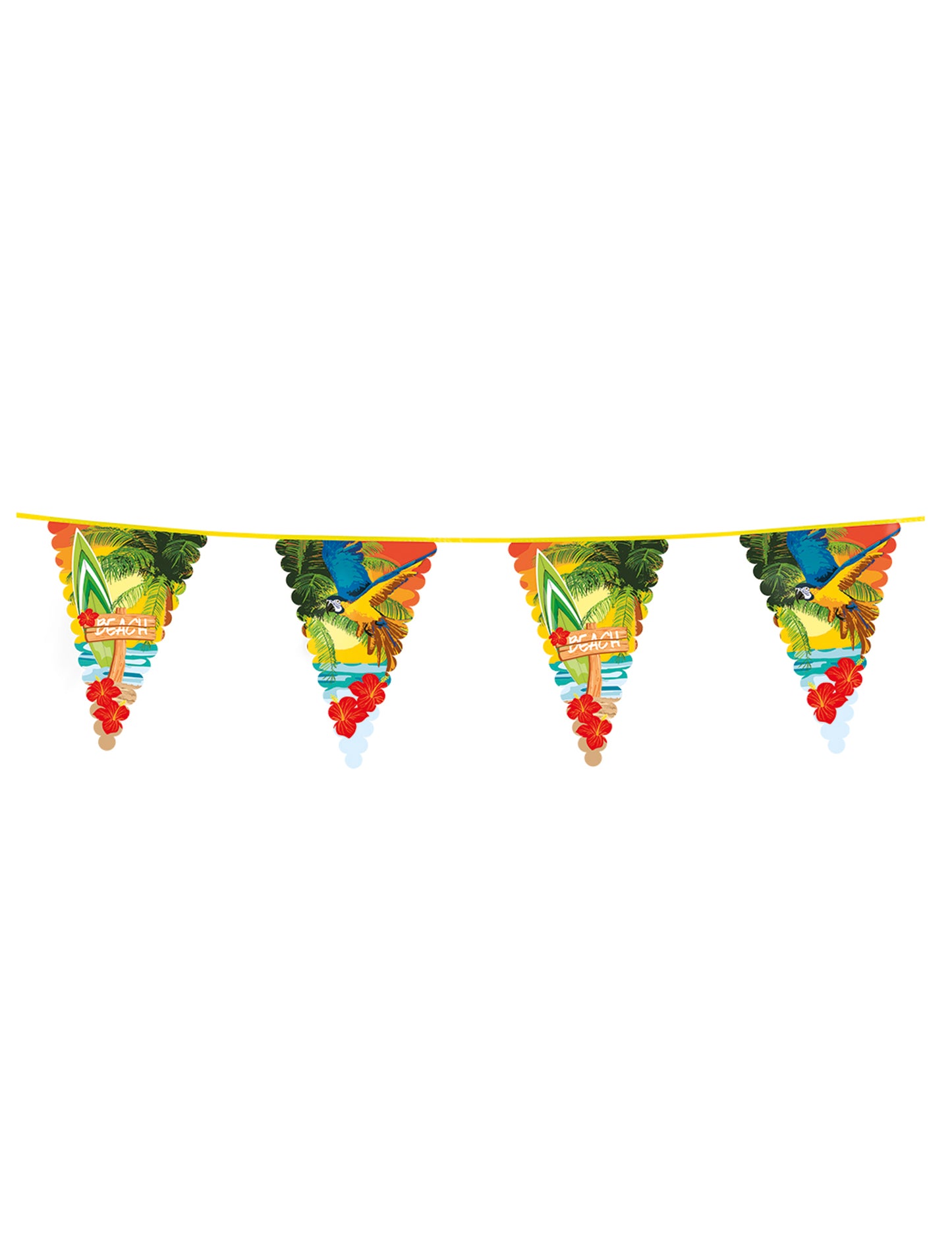 Guirlande à fanions Beach party pour fête multicolore avec motifs perroquets et surf