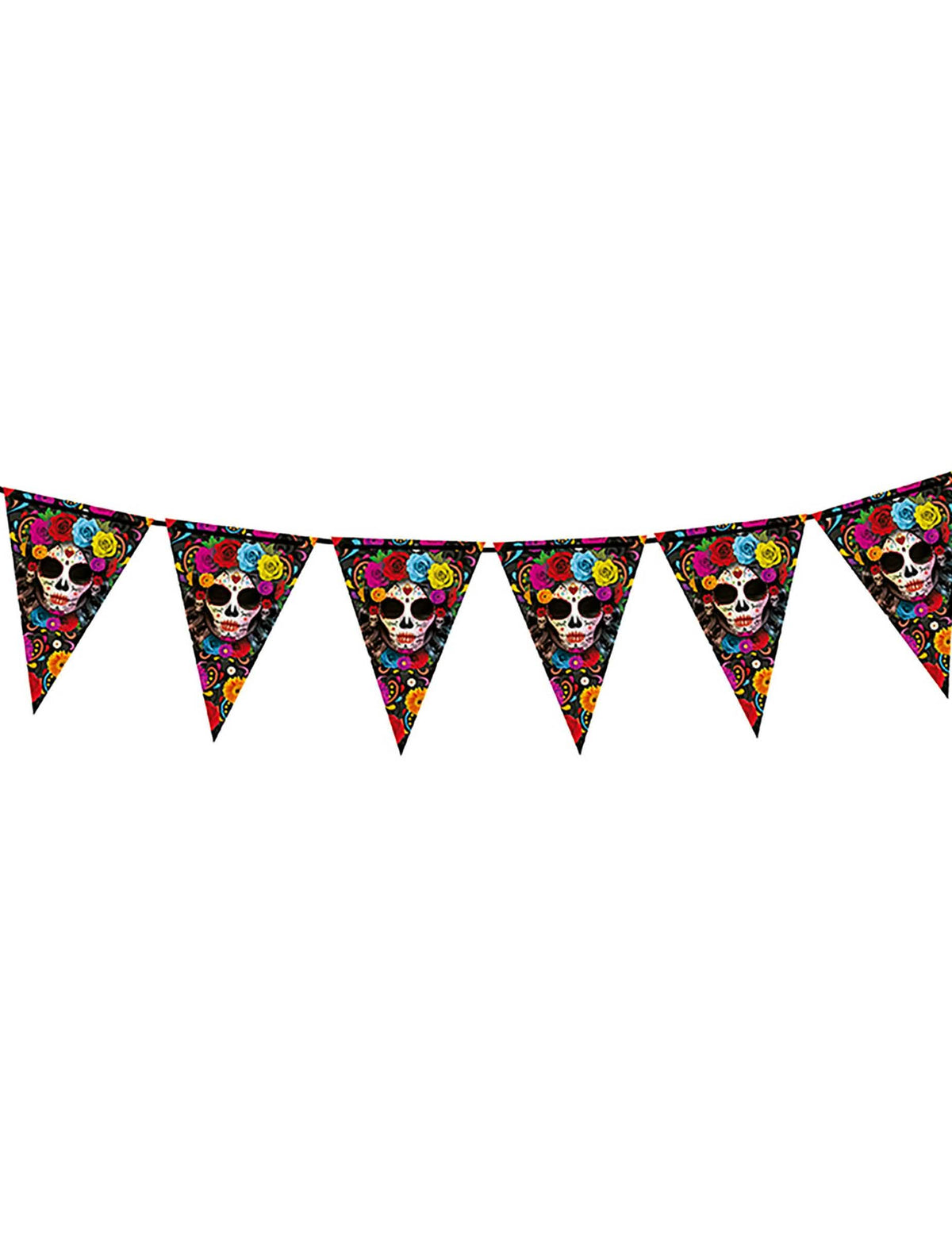 Guirlande à fanions Dia de los muertos pour fête multicolore avec têtes de mort et fleurs