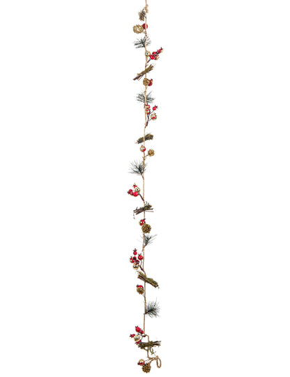 Guirlande de pommes de pin, baies, sapin et bois pour décoration rouge et dorée