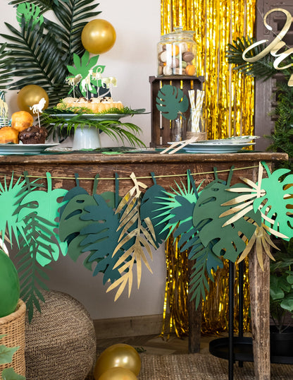 Guirlande en carton feuilles tropicales pour décoration de fête dorées et dégradé de vert