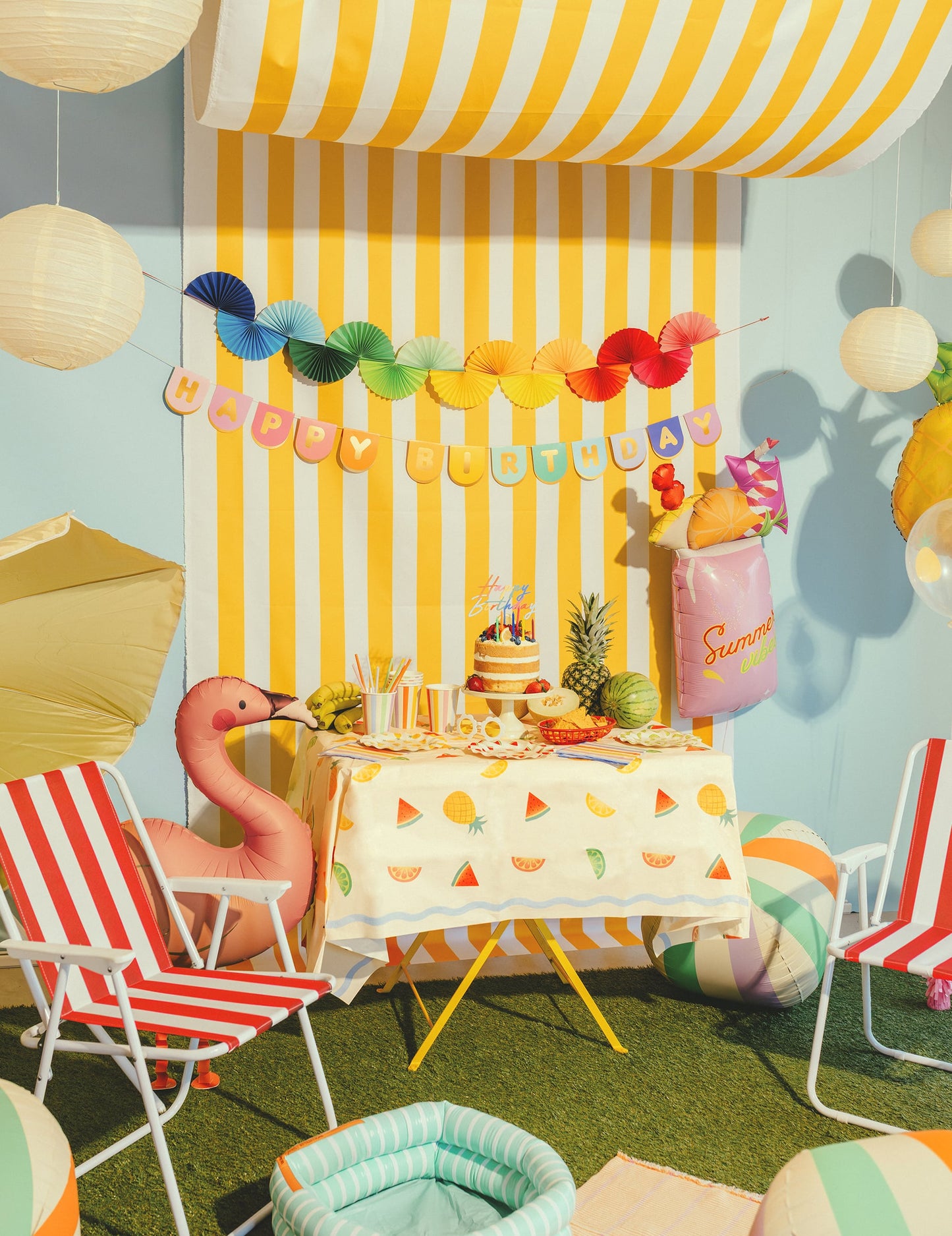 Papieren slinger regenboog waaiers 2,5 m