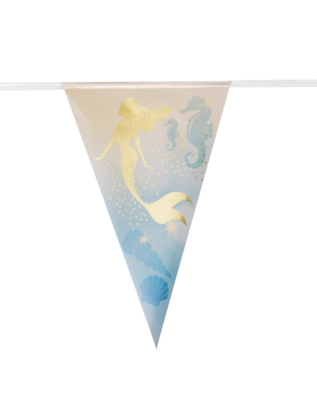 Zoom sur le motif sirène dorée d'un fanion de la Guirlande en plastique 10 fanions Sirène Lagune