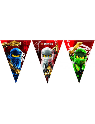 Guirlande fanions en papier Lego Ninjago pour enfant rouge avec ninjas bleu blanc et vert