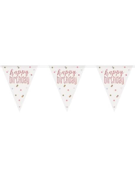 Guirlande fanions en plastique Happy Birthday blanche et rose à pois