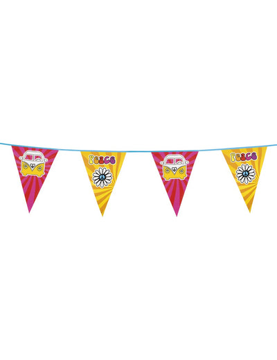 Guirlande fanions Hippie Flower Power pour fête multicolore avec motifs van et fleurs