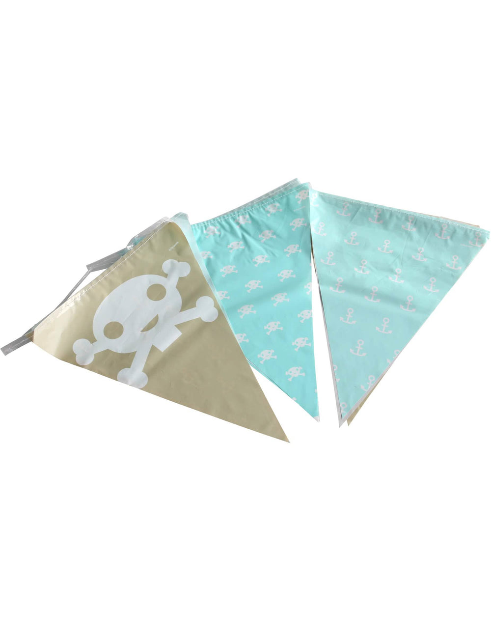 Guirlande en plastique fanions pirate pour fête bleu et beige avec têtes de mort et ancres