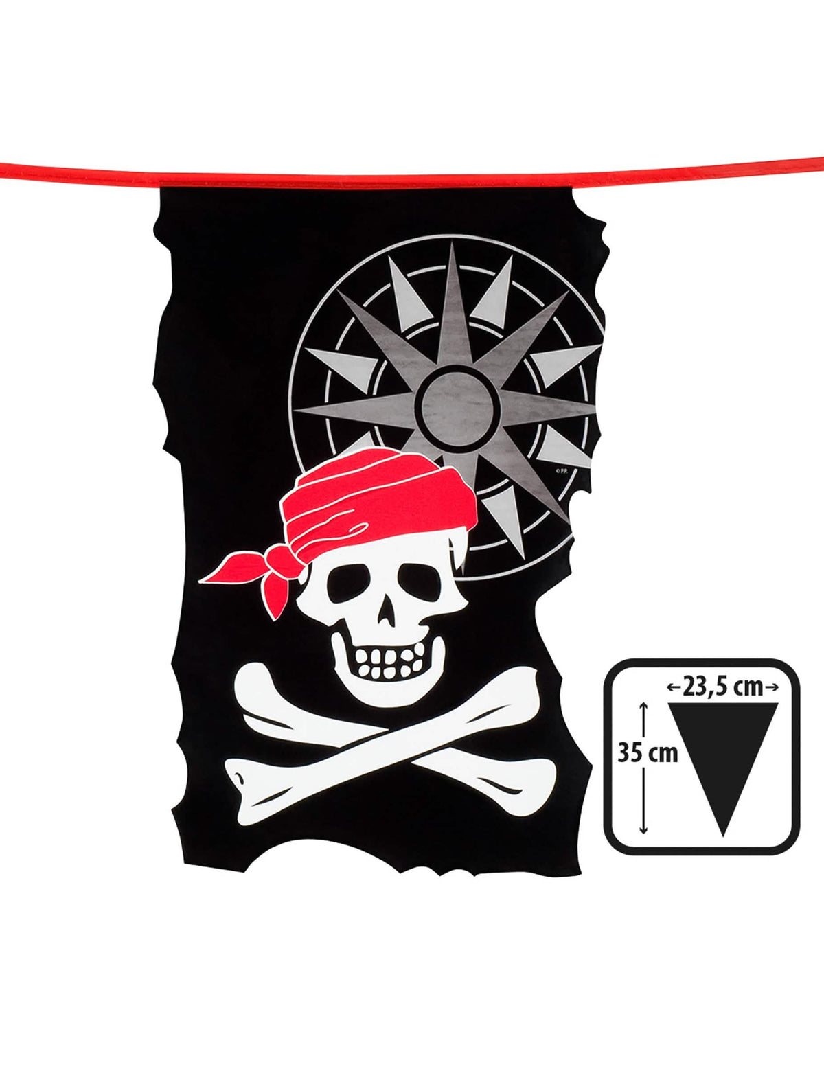 Détail des dimensions et du motif de la guirlande fanions tête de mort