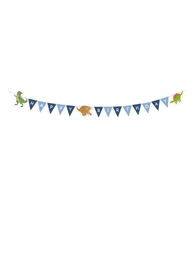 Guirlande à fanions Happy Birthday grands dinosaures pour enfant bleue