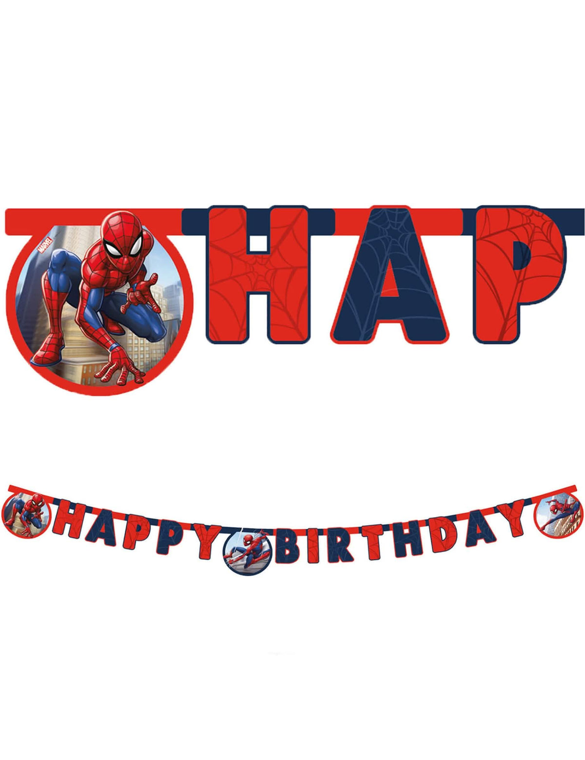Guirlande happy birthday Spiderman pour enfant rouge et bleu avec toiles d'araignée