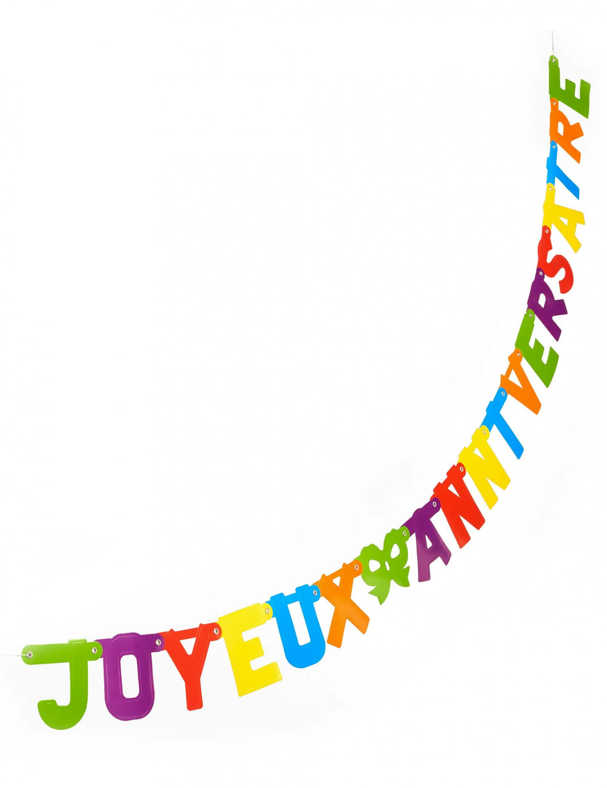 Gros plan sur les lettres de la guirlande Joyeux anniversaire découpée colorée