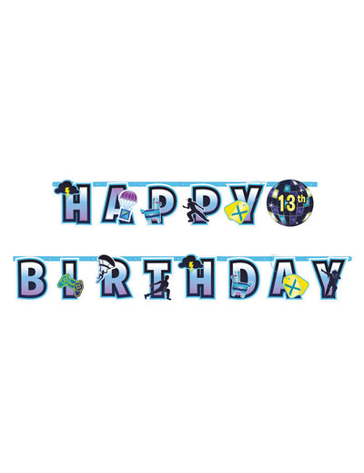 Guirlande personnalisable Happy Birthday battle royale bleue et violette avec motifs de jeux vidéo