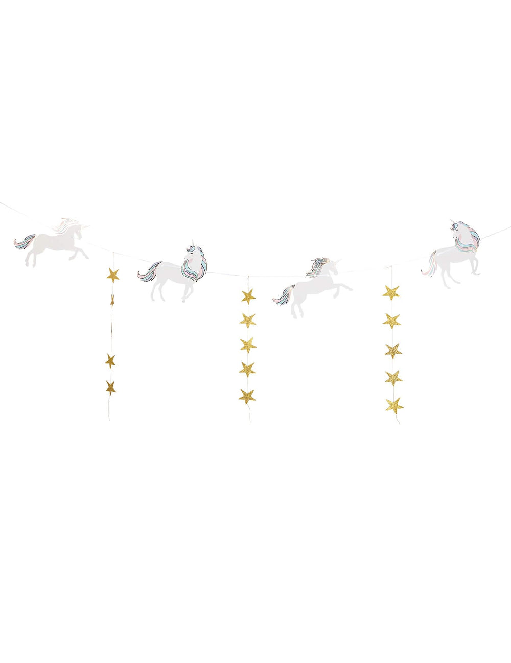 Guirlande licorne pastel et étoiles dorées pour anniversaire blanc et or