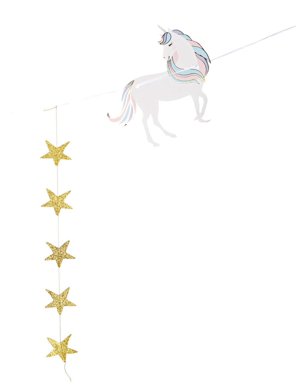 Détail de la licorne et des étoiles pailletées de la guirlande licorne pastel et étoiles dorées
