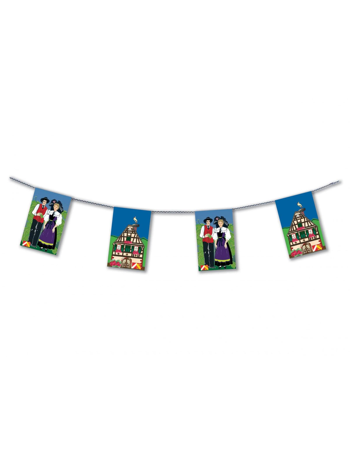 Guirlande Alsace en papier pour fête bleue avec motifs de maisons et personnages traditionnels