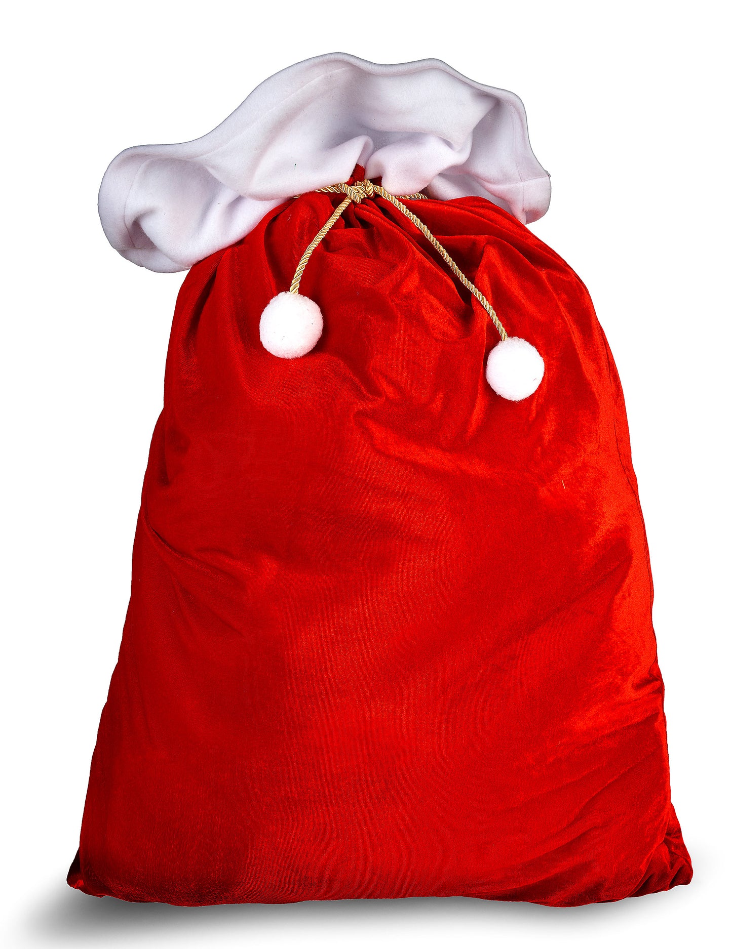 Hotte Père Noël rouge en velours avec bordure blanche et pompons