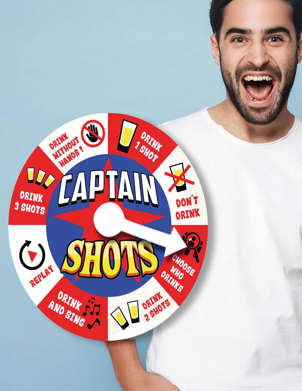 Jeu d'apéro roulette à shots Captain Shots pour adulte rouge blanc et bleu