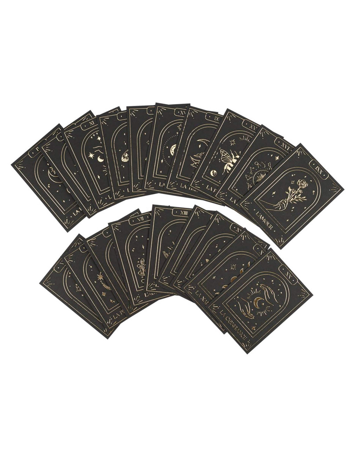 Jeu de 20 cartes oracle divinatoire Cosmic Spirit en papier noir et or 8 x 11 cm