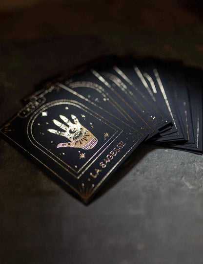 Jeu de 20 cartes oracle divinatoire Cosmic Spirit en papier noir et or 8 x 11 cm