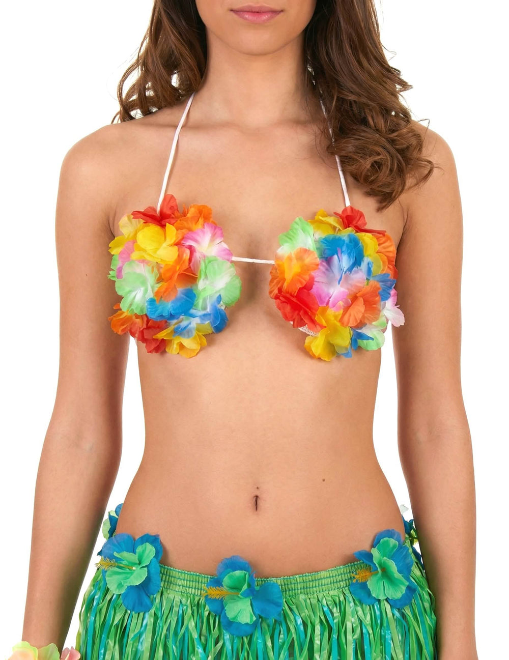 Detail van de bloemen top van de korte Hawaiiaanse rok voor volwassenen