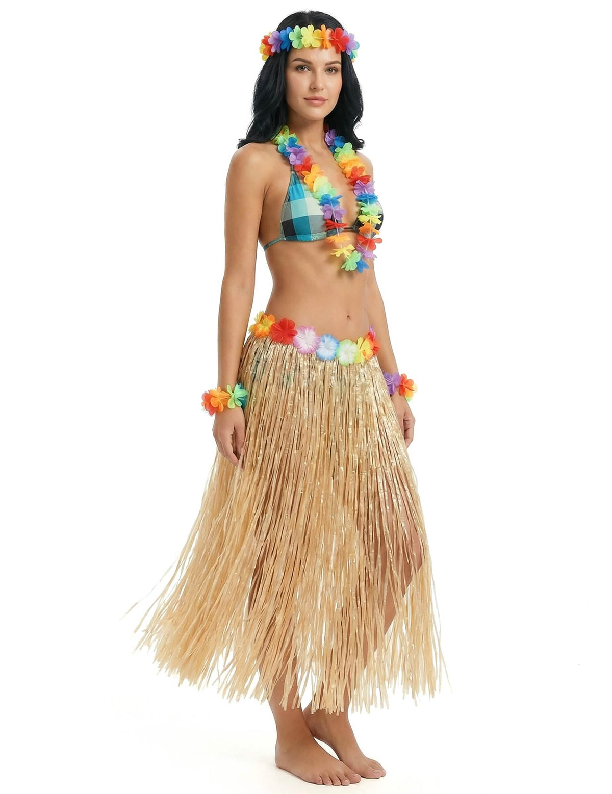 Overzicht met accessoires van de natuurlijke lange Hawaiiaanse rok voor volwassenen
