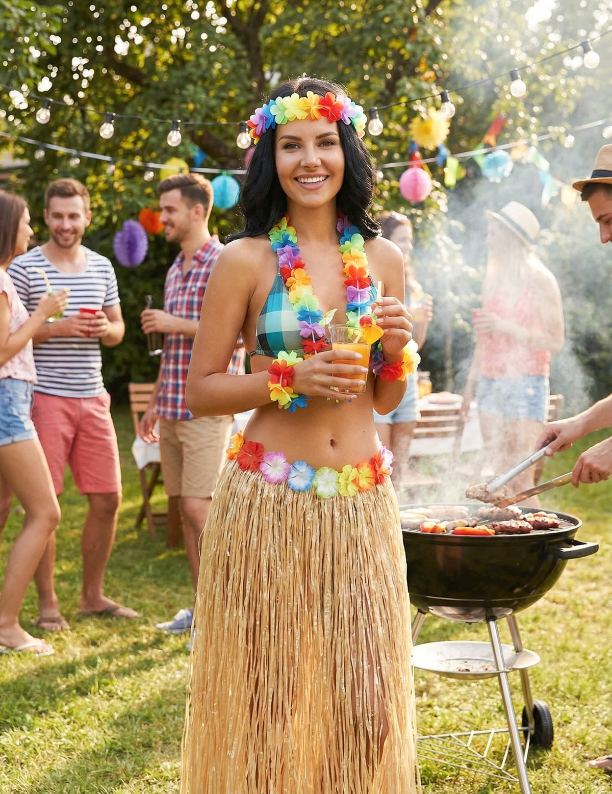 Situatiefoto tijdens een feest van de natuurlijke lange Hawaïaanse rok voor volwassenen