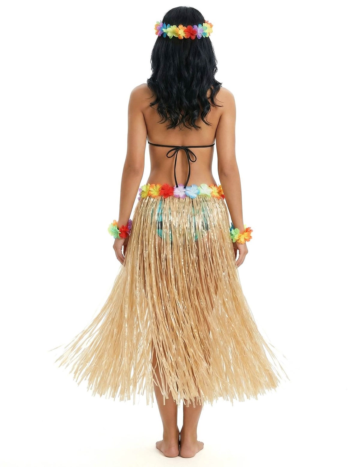 Achteraanzicht van de lange natuurlijke Hawaiiaanse rok voor volwassenen
