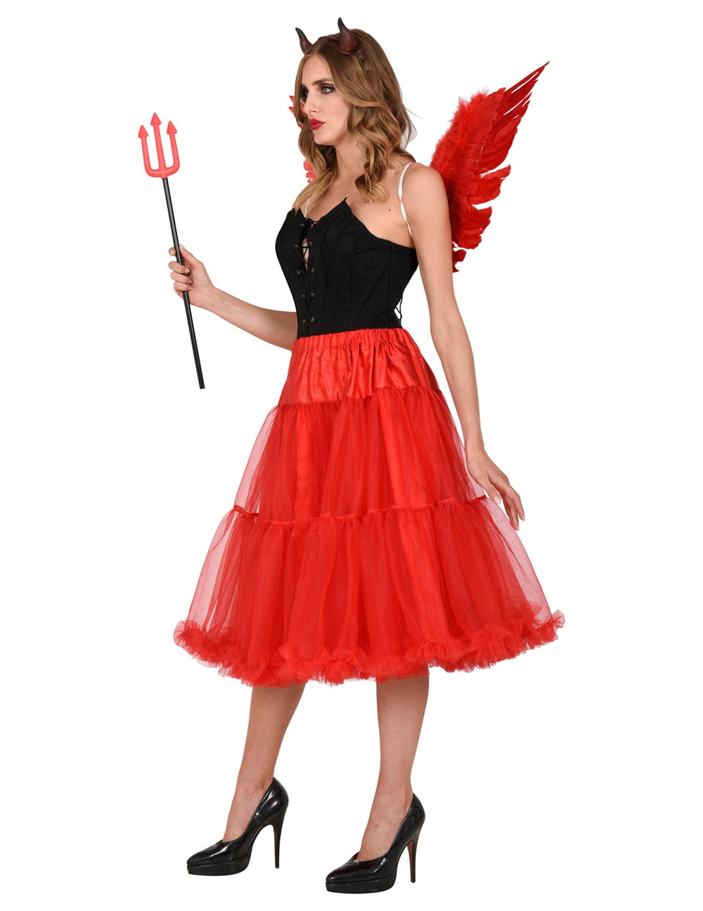 Vue de profil du jupon en tulle pour femme rouge de 65 cm