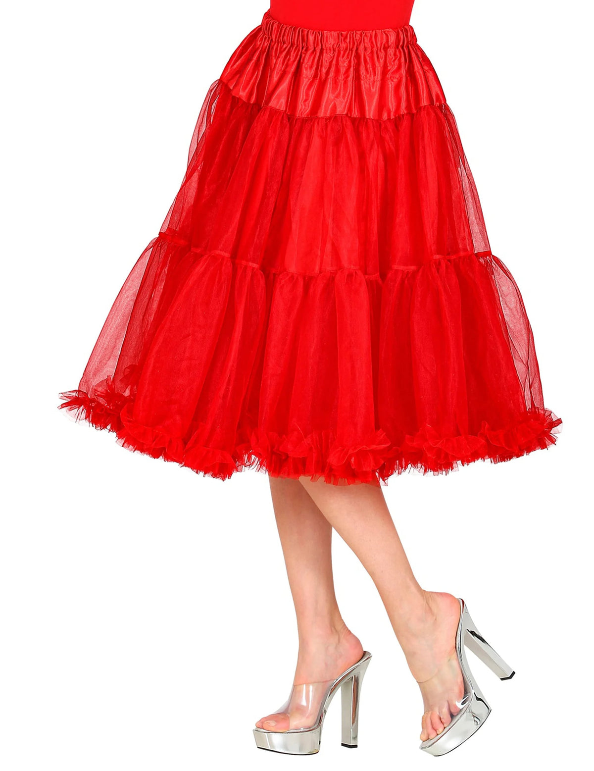 Vue de profil du jupon en tulle rouge pour femme