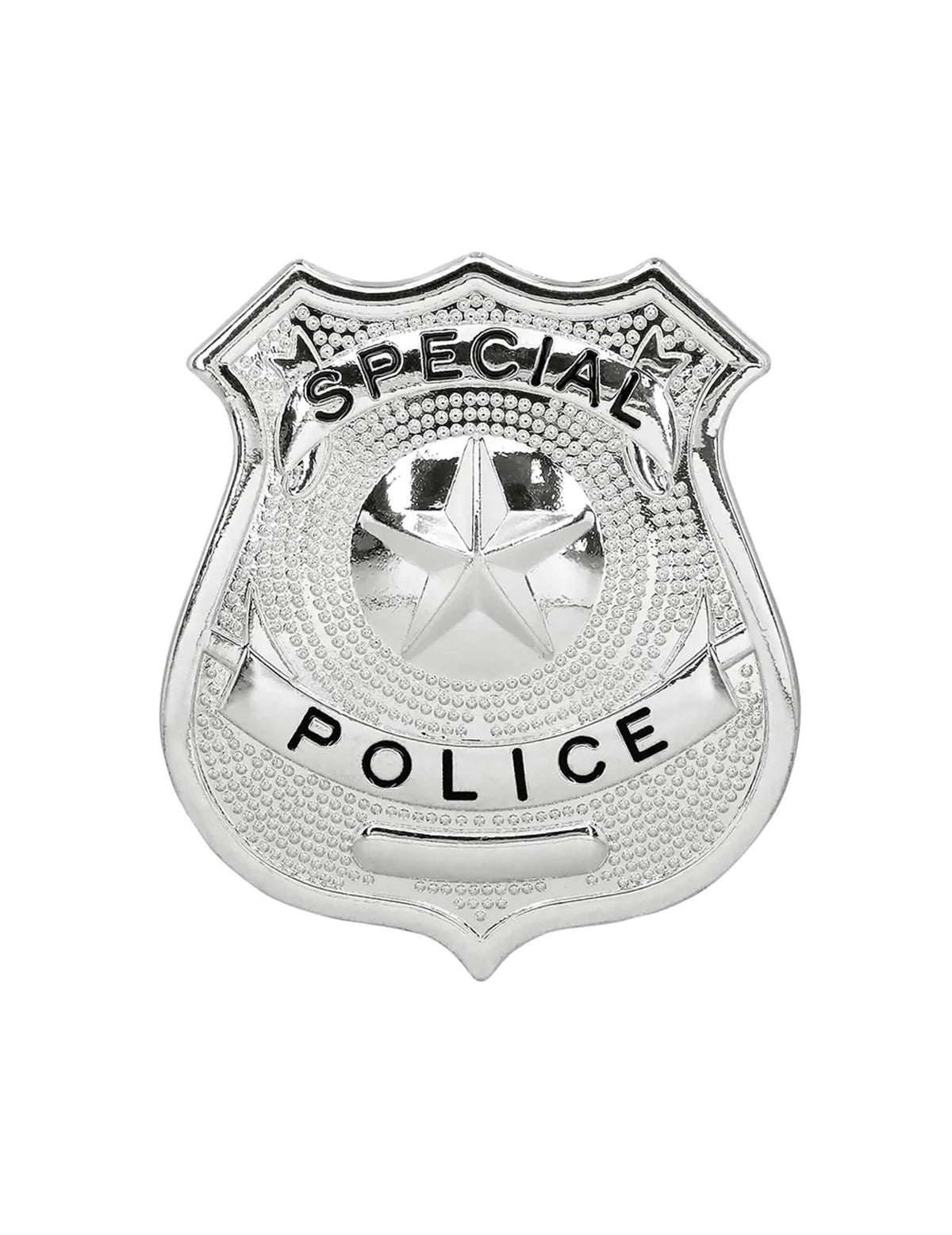 Vue de face du badge argenté du kit 3 accessoires policier