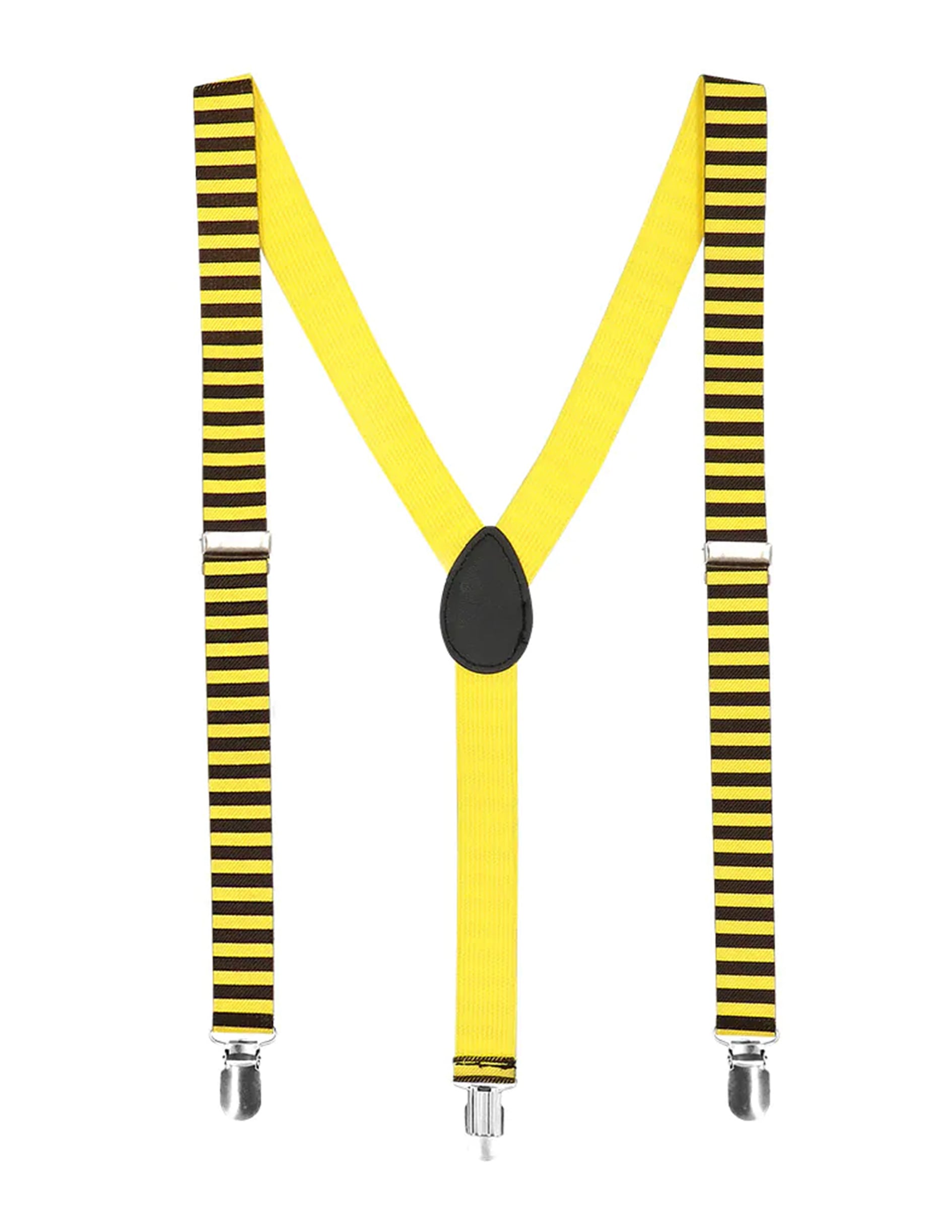 Détail des bretelles rayées du kit accessoires abeille pour adulte