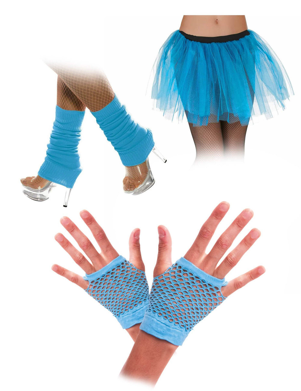 Kit accessoires jaren 80 voor volwassenen blauw fluo