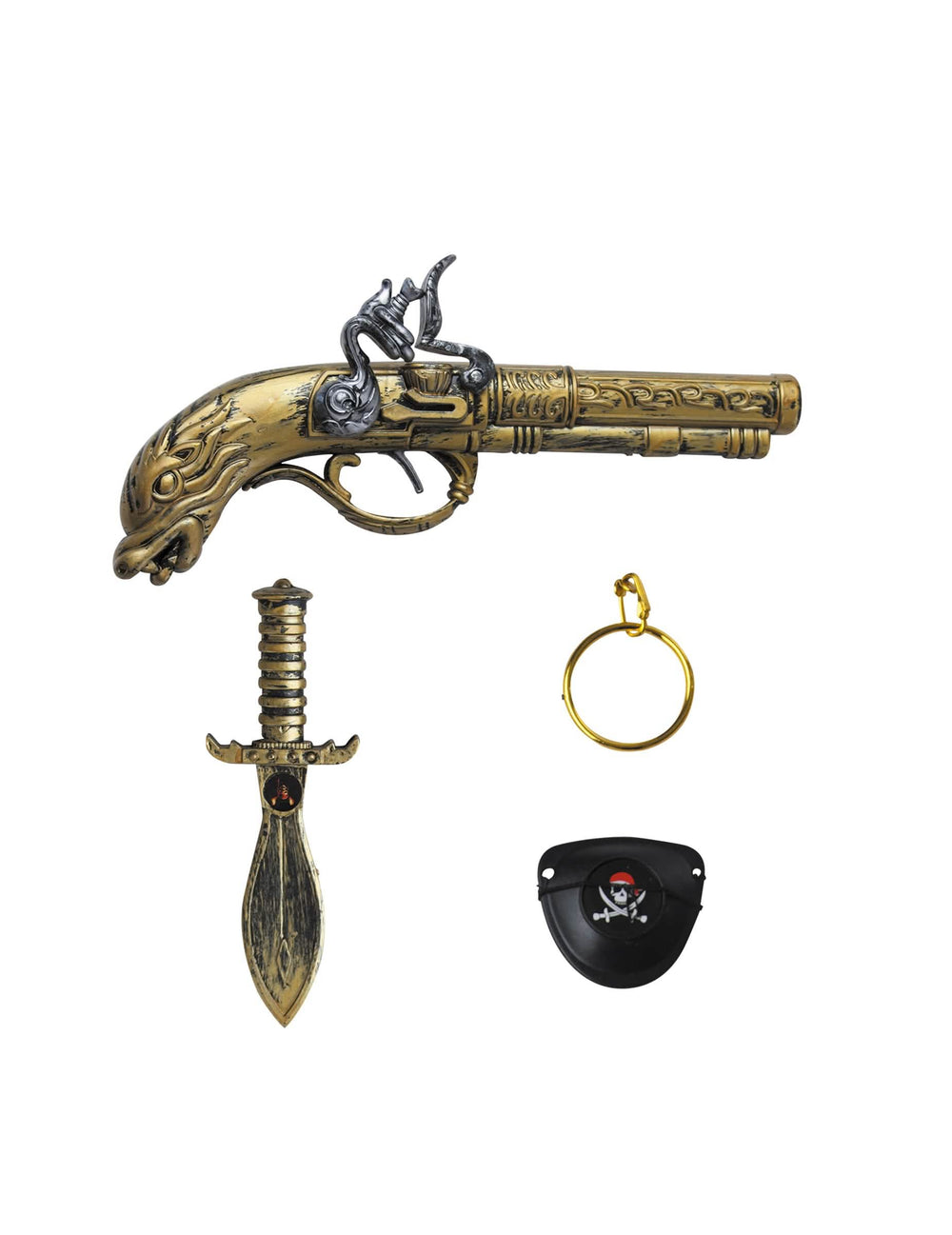Set piratenaccessoires voor volwassenen in goud en zwart met pistool, dolk, oorbel en ooglapje