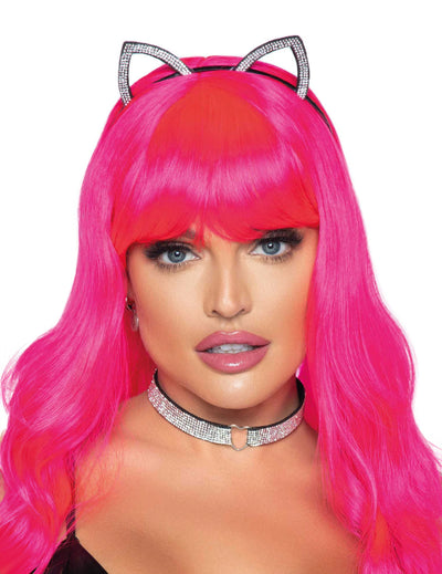 Kit accessoires chat pour adulte argentées avec oreilles et collier à strass