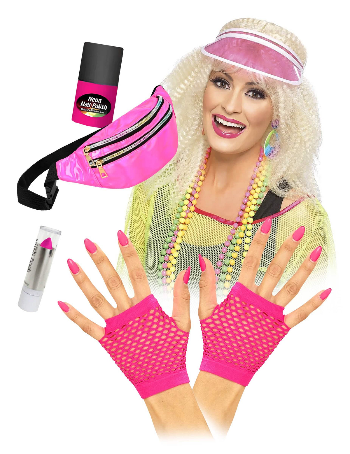 Kit accessoires complet fluo pour adulte rose avec banane et mitaines filet