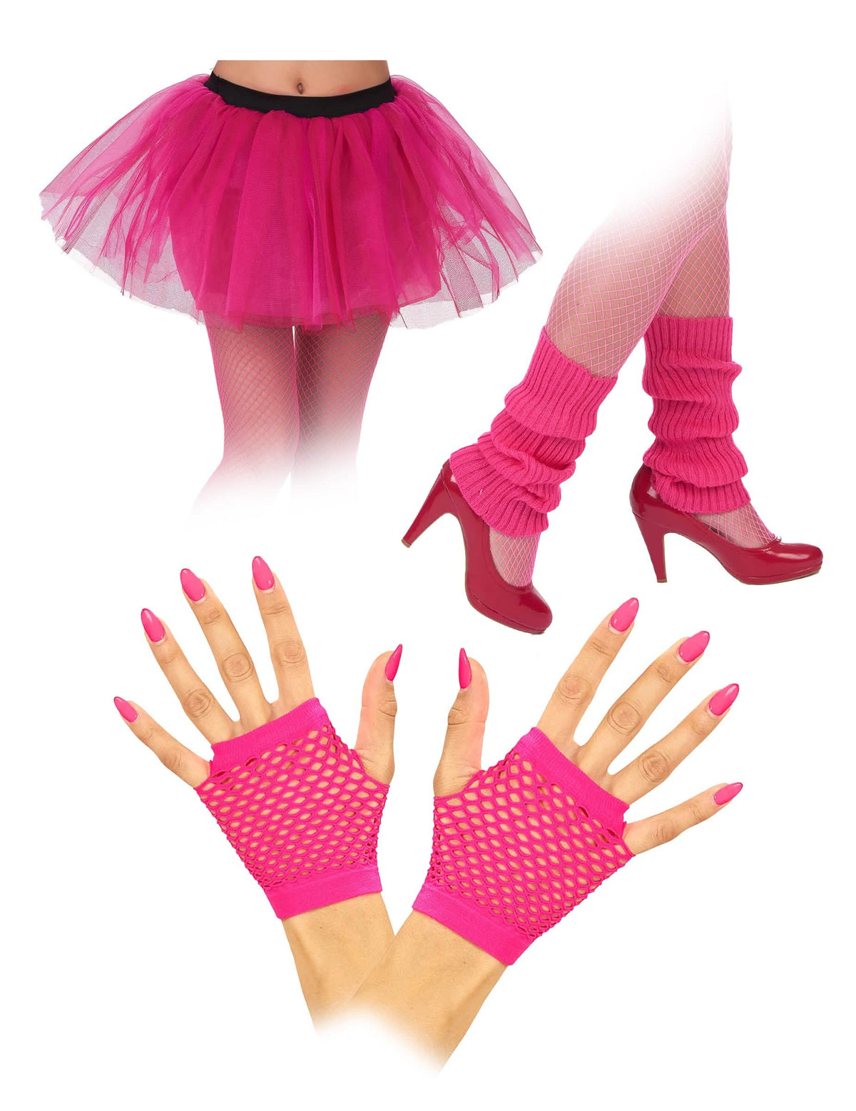 Accessoireskit jaren 80 voor volwassenen, fluo roze, met tutu, beenwarmers en wanten