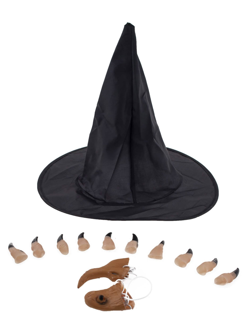 Kit accessoires heks voor dames zwart met hoed, nepfingers en kromme neus