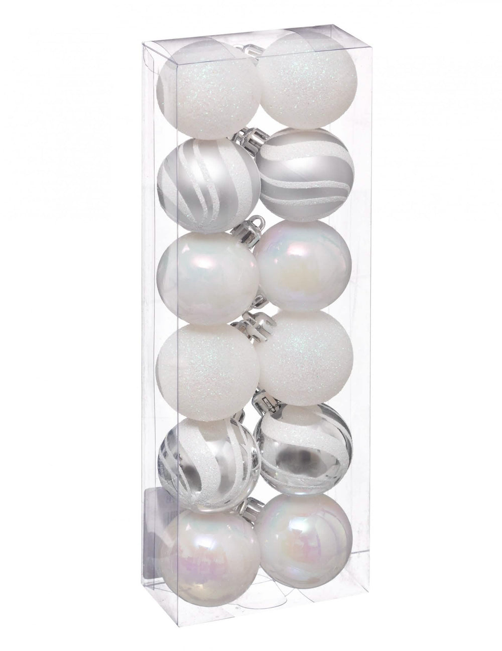 Mini boules de noël pour décoration blanches et argentées pailletées