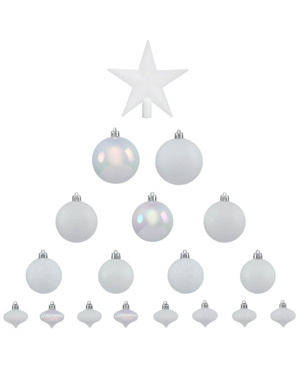 Vue d'ensemble du contenu du kit décorations de sapin blanc pour fête