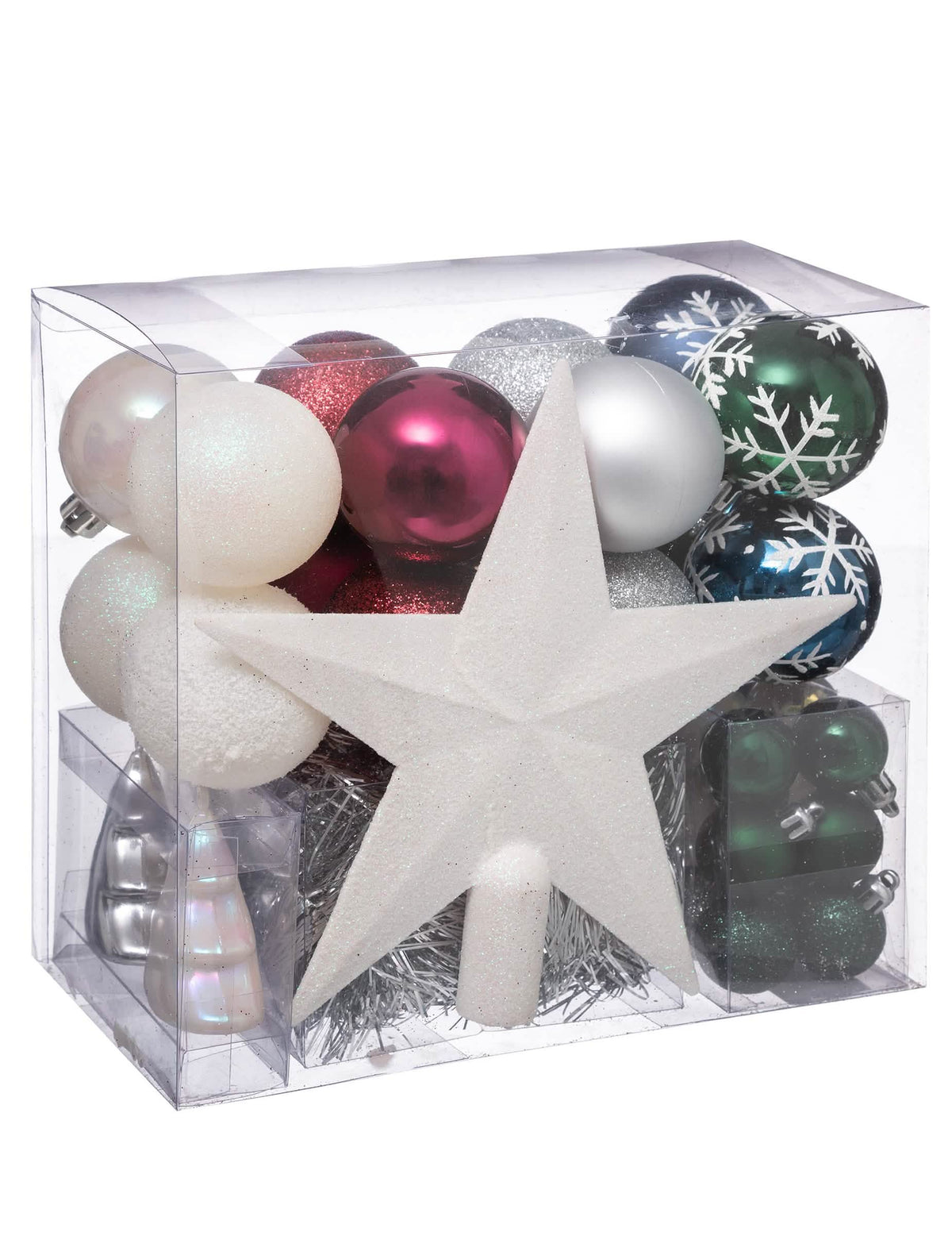 Kit décorations de sapin pour fête blanc rouge bleu vert avec boules et cimier