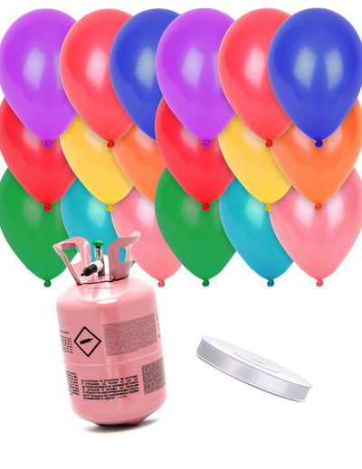 Kit bouteille d'hélium avec 24 ballons multicolores et ruban