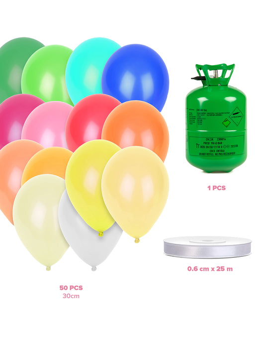 Kit bouteille d'hélium avec 50 ballons multicolores et ruban
