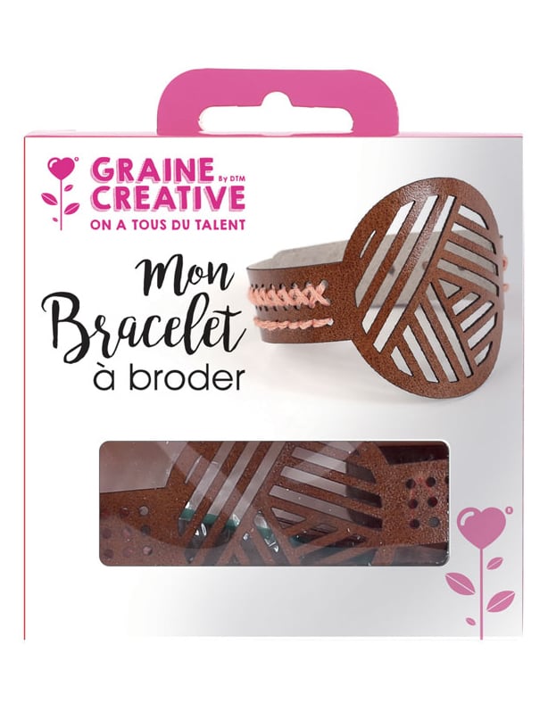 Kit bracelet à broder motifs géométriques pour enfant en cuir marron avec coton rose