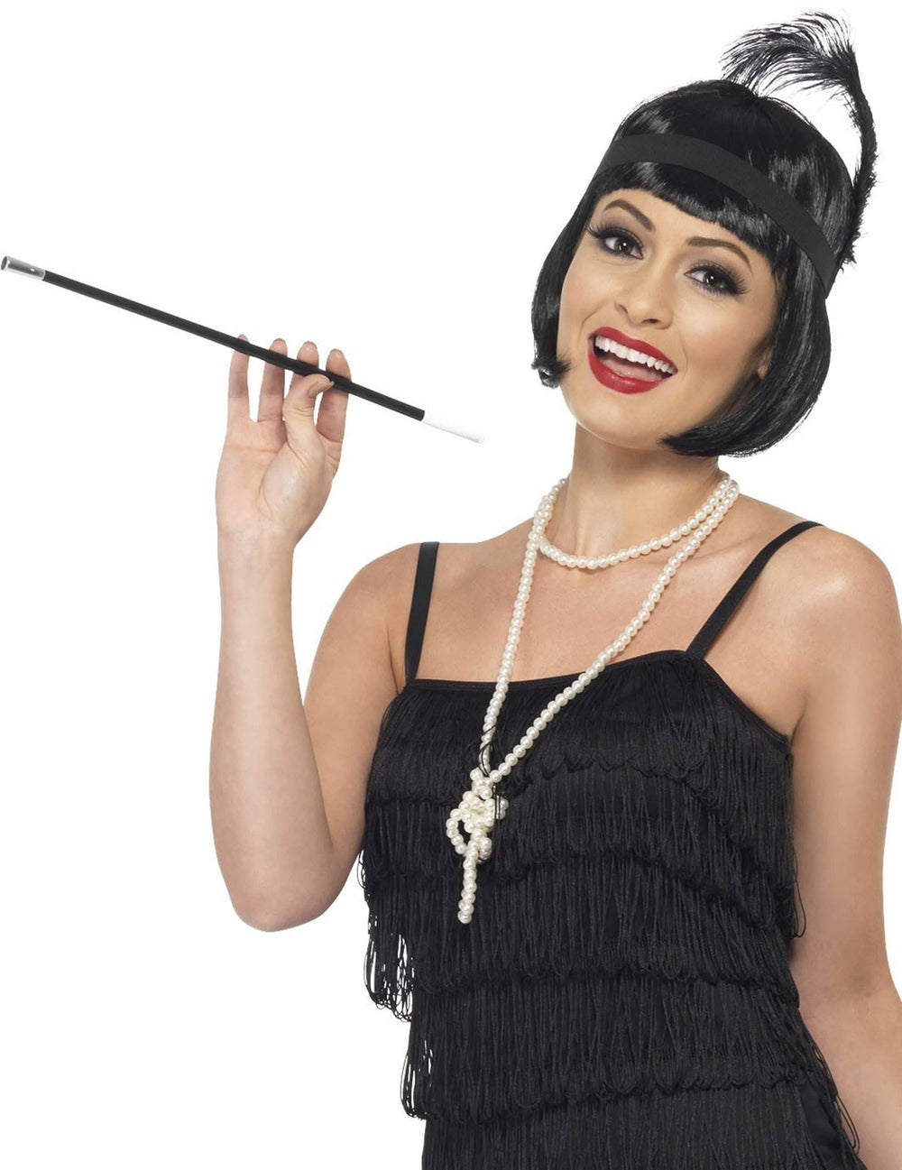 cabaret-set voor dames zwart met hoofdband met veer en parelketting