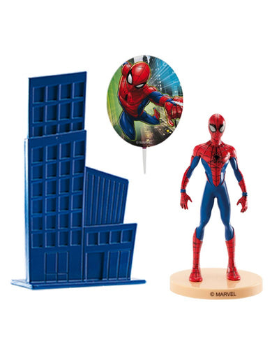 Kit cake toppers en plastique Spiderman pour enfant rouge et bleu avec figurine et immeuble