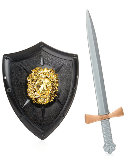 Kit de chevalier pour enfant noir et doré avec bouclier lion et épée en plastique